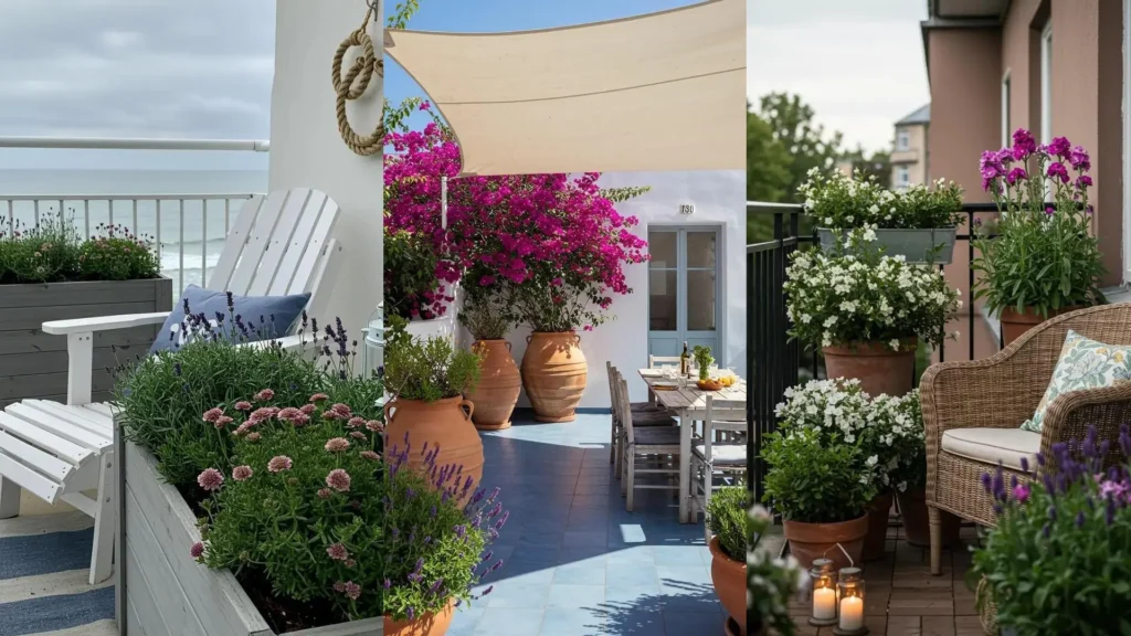 Trois balcons et terrasses fleuris avec des plantes en pot, bougainvilliers, lavande et fleurs colorées, supports variés.