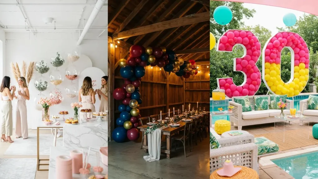 Trois idées de décoration de fête avec des ballons personnalisés : ballons transparents, arche de ballons colorés et chiffres géants.