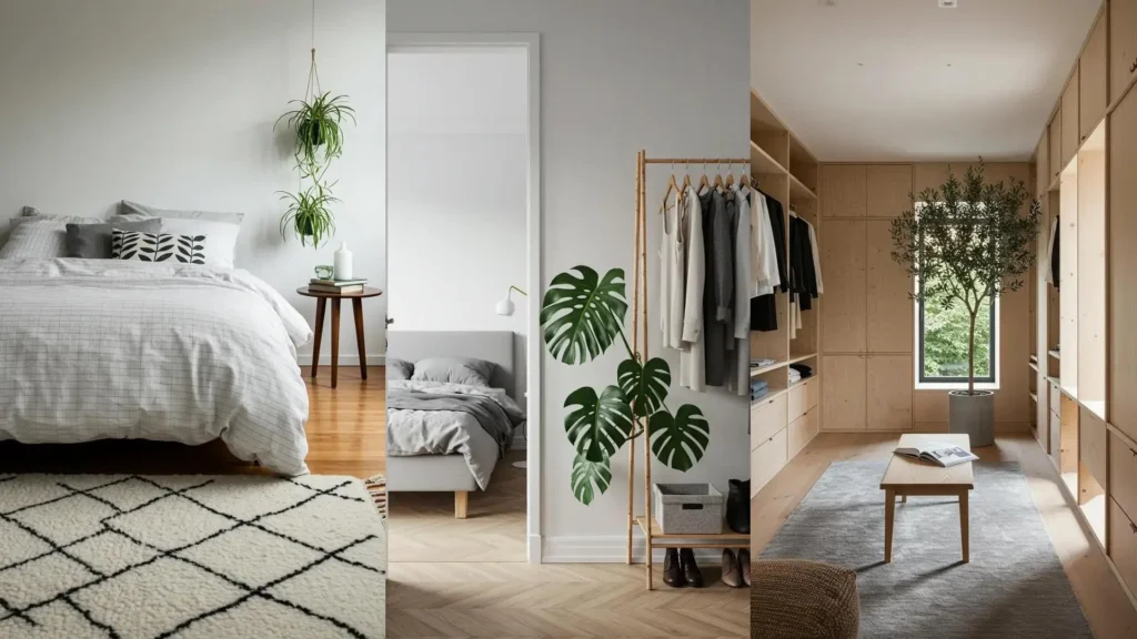 Décoration de chambre scandinave revisitée avec plantes vertes (Monstera, olivier, plantes araignées) et mobilier en bois clair.
