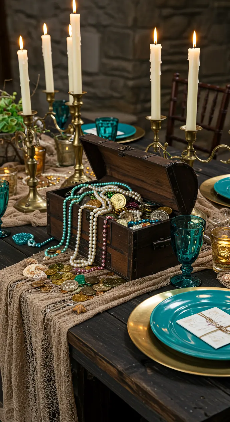 Table thème pirate avec un coffre au trésor ouvert, des chandeliers et des pièces d'or.