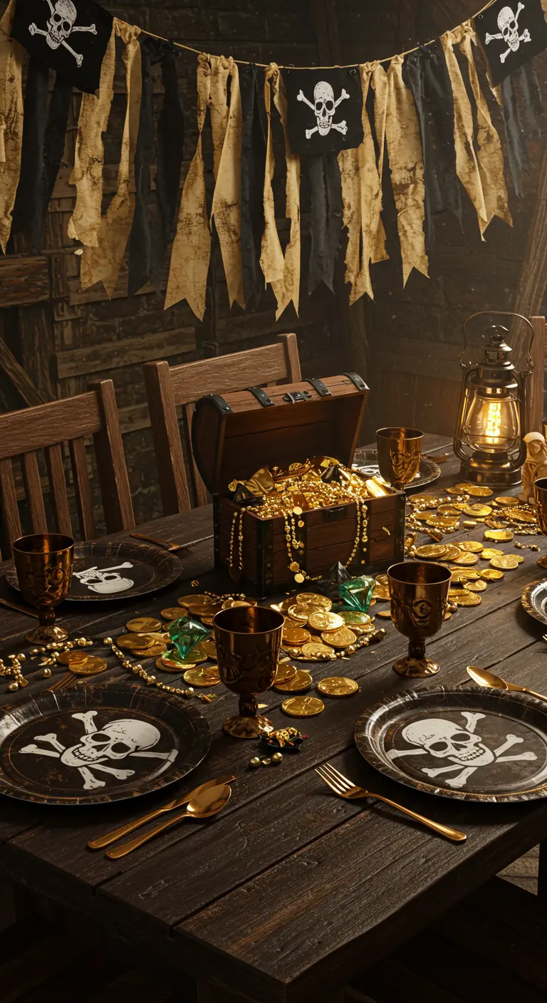 Table de pirate sombre avec coffre au trésor, pièces d'or et vaisselle tête de mort.