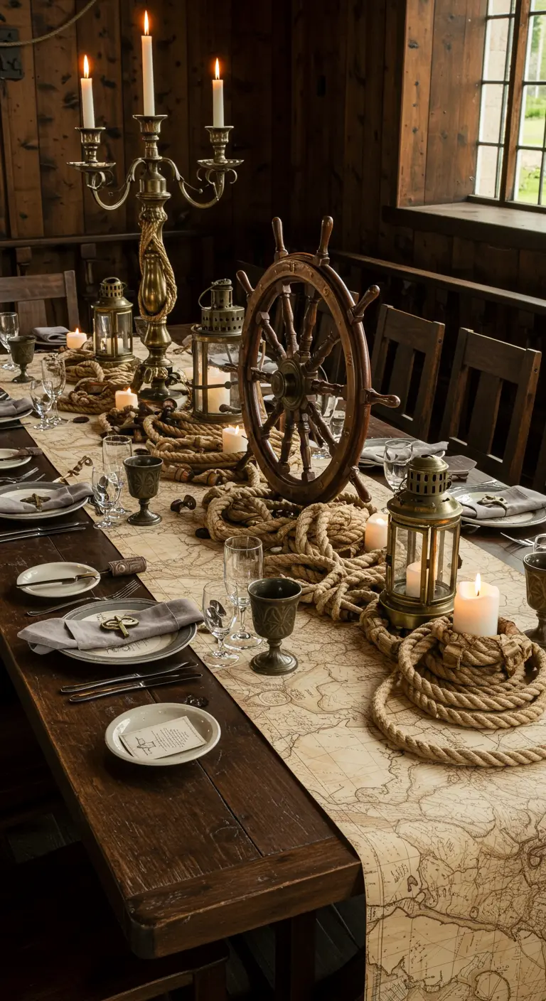 Table de pirate avec une barre de navire, des cordages et des lanternes.