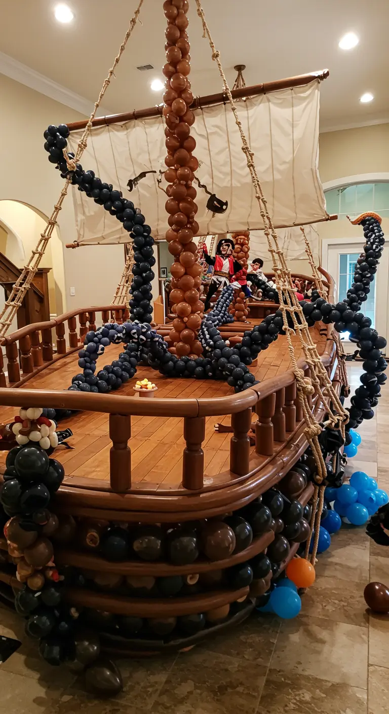 Un grand bateau pirate en bois décoré de tentacules de Kraken en ballons noirs.