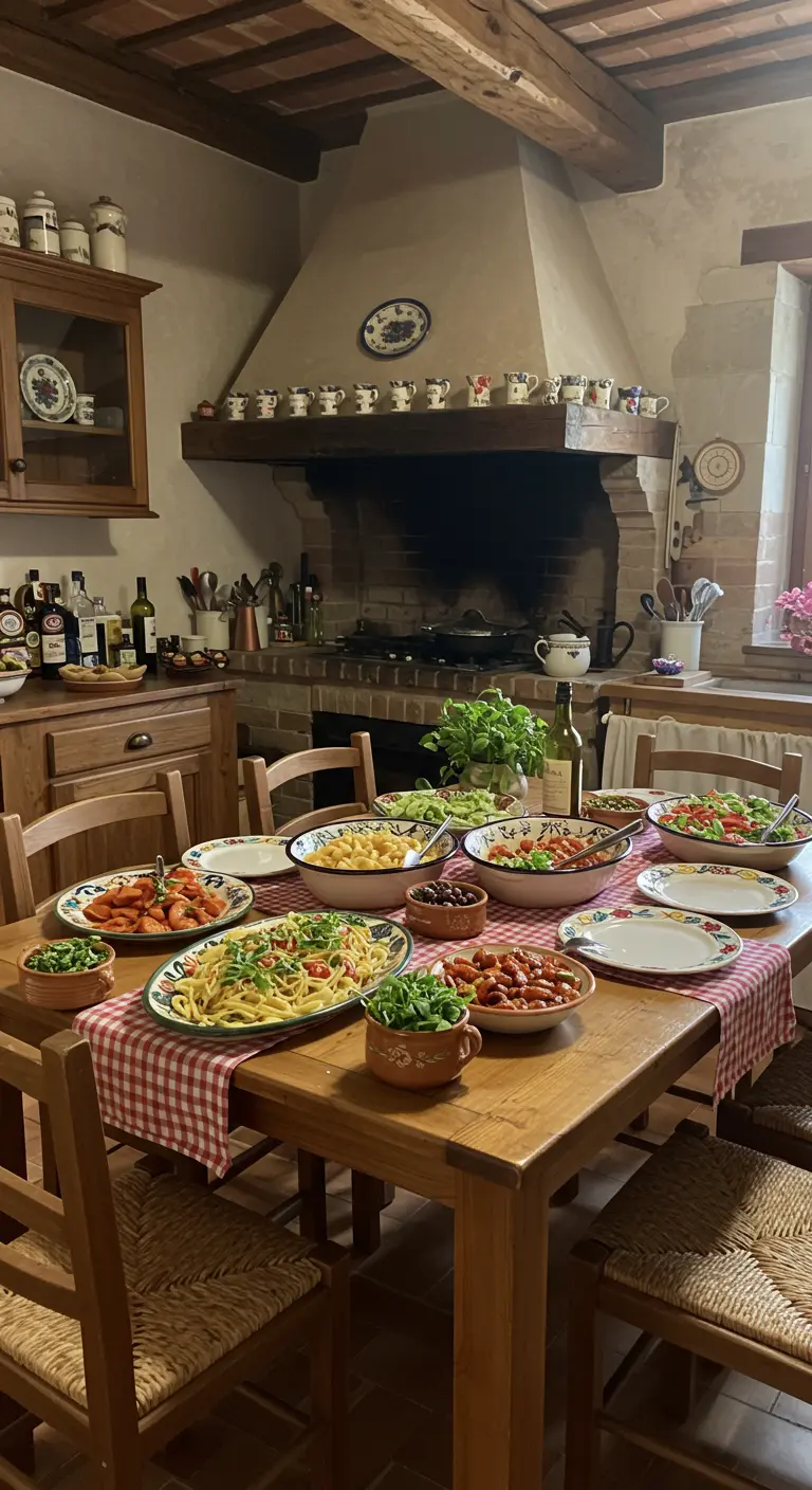 Table de cuisine rustique avec une nappe à carreaux et des plats de pâtes.