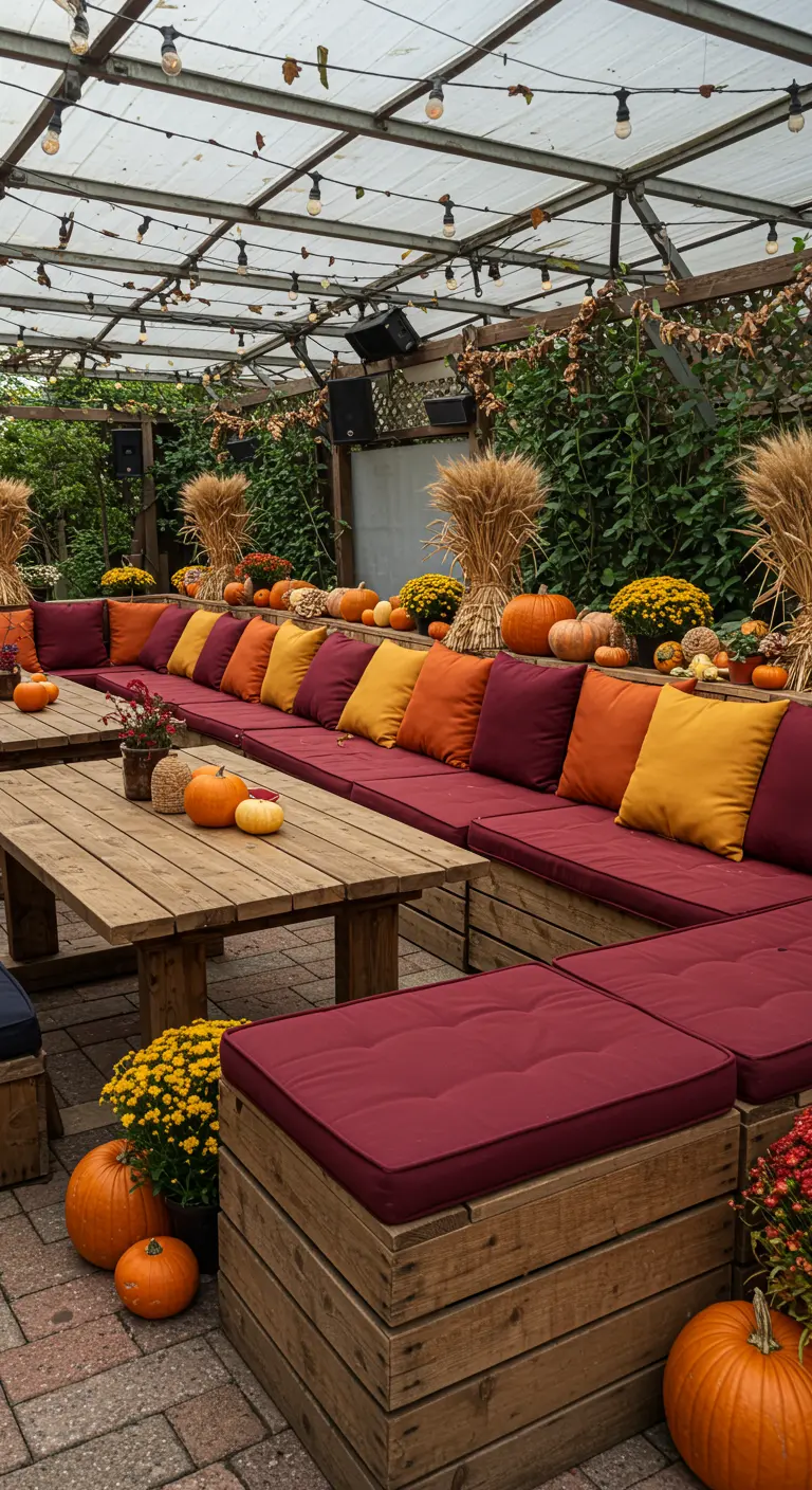 Longues banquettes en bois avec coussins bordeaux et jaunes, décorations d'automne.