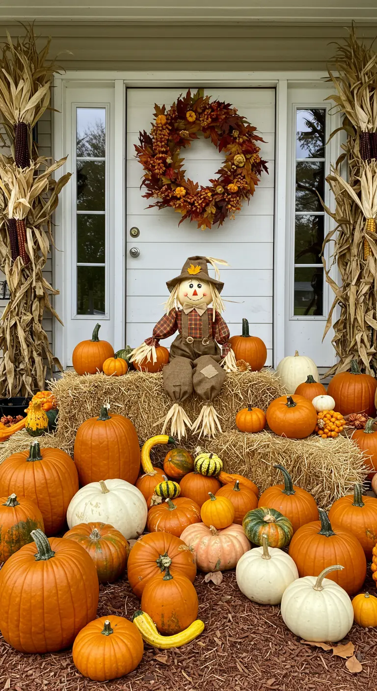 Entrée de maison décorée pour l'automne avec des bottes de paille et de nombreuses citrouilles.