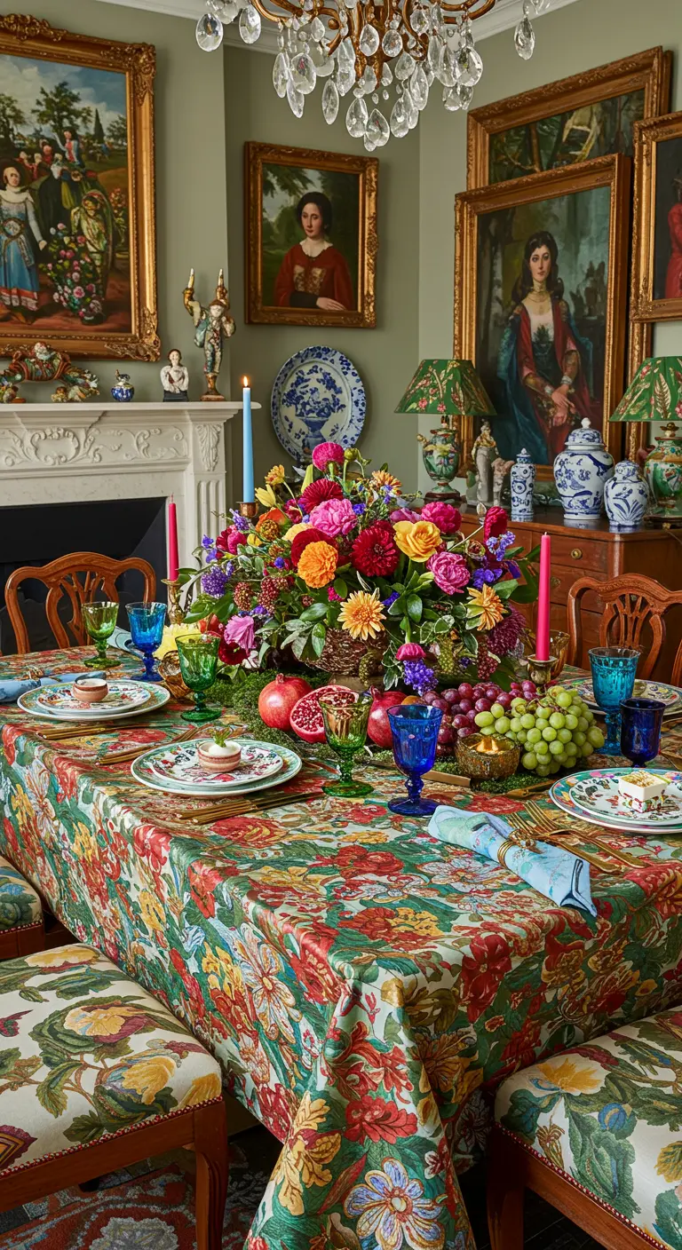 Table maximaliste avec une nappe florale, un grand centre de table de fruits et de fleurs