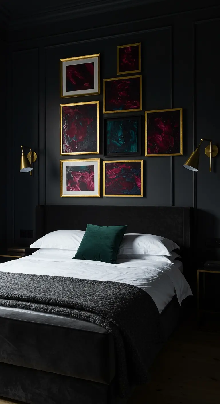 Mur noir avec des cadres dorés et des œuvres abstraites aux teintes sombres et intenses.