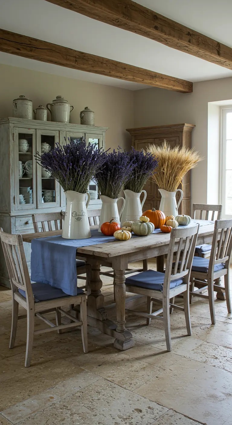Table de style provençal avec lavande, blé et citrouilles colorées.