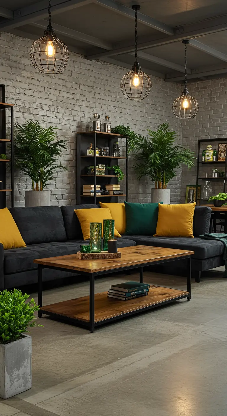 Salon industriel avec canapé noir, coussins jaunes et verts, table basse en bois et plantes vertes.