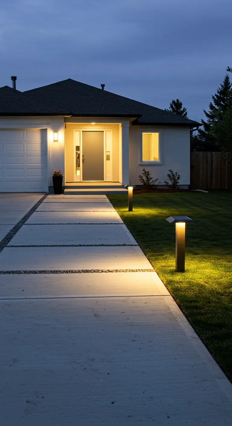 Allée de maison moderne éclairée par de fines bornes solaires noires.