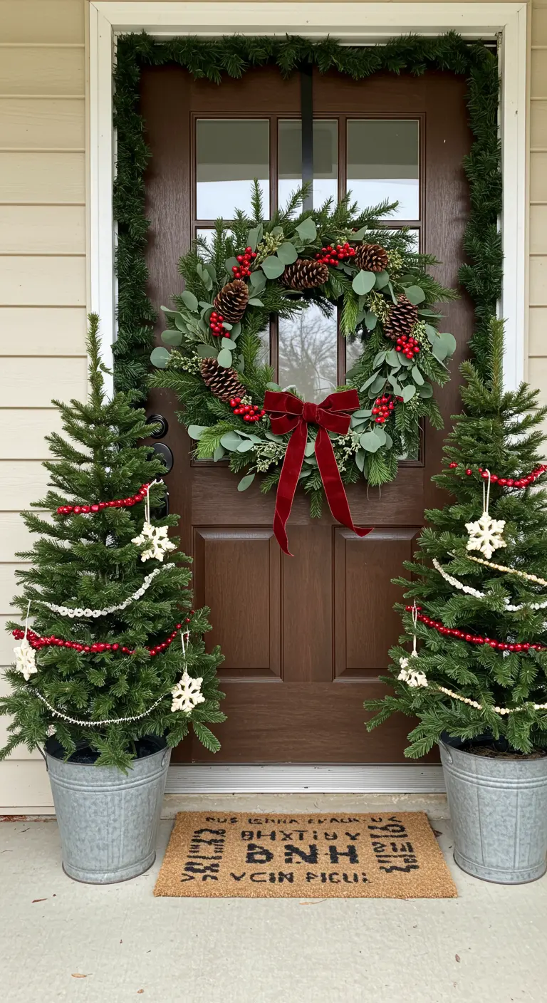 Porte d'entrée décorée pour Noël avec une couronne, une guirlande et deux petits sapins.