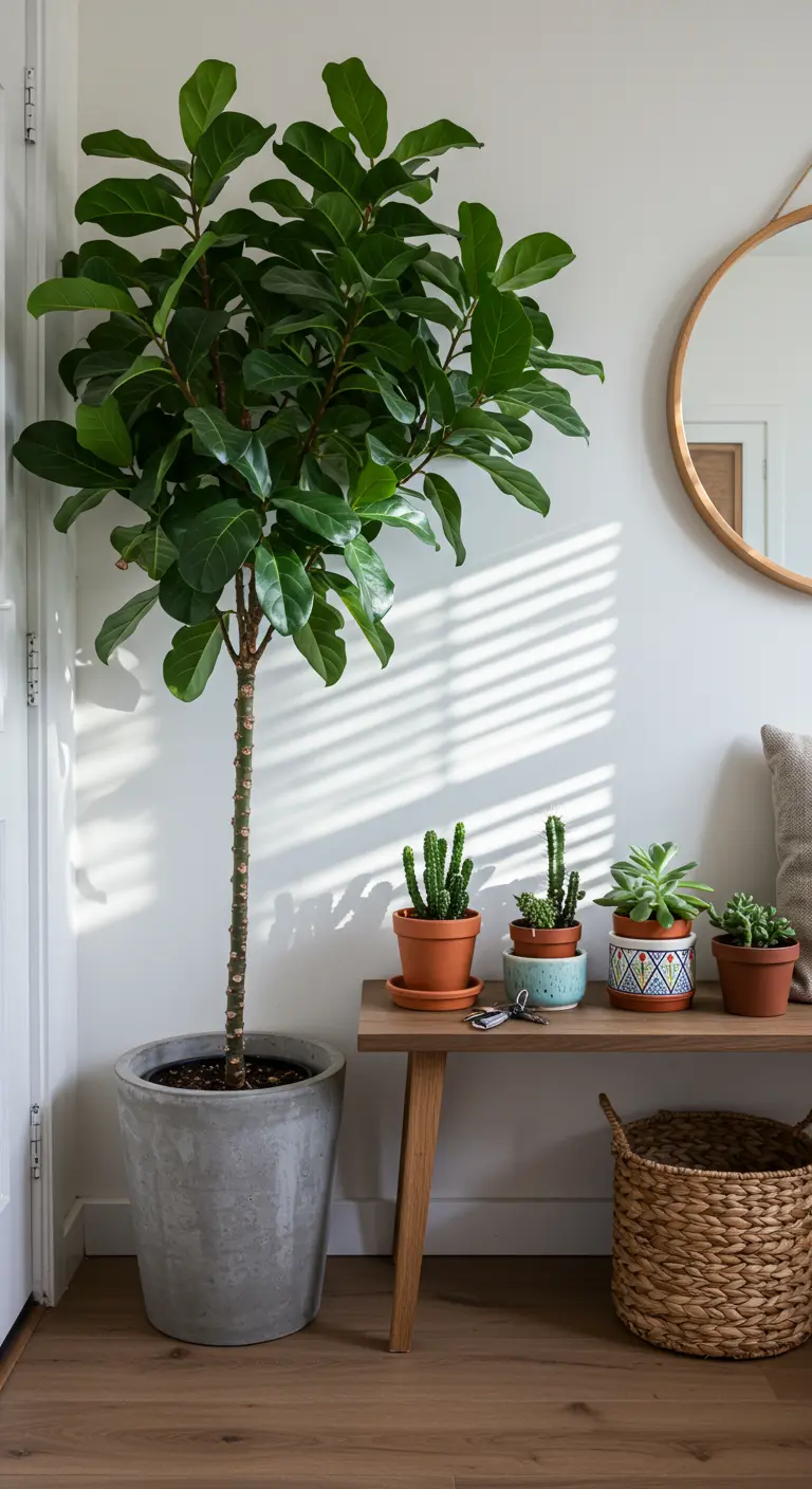 Entrée avec grand Ficus lyrata, cactus et succulentes sur banc en bois.