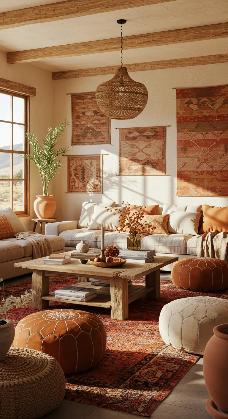 Salon aux tons terreux avec canapé blanc, tapis rouge orangé, et plusieurs poufs en cuir et tressés.