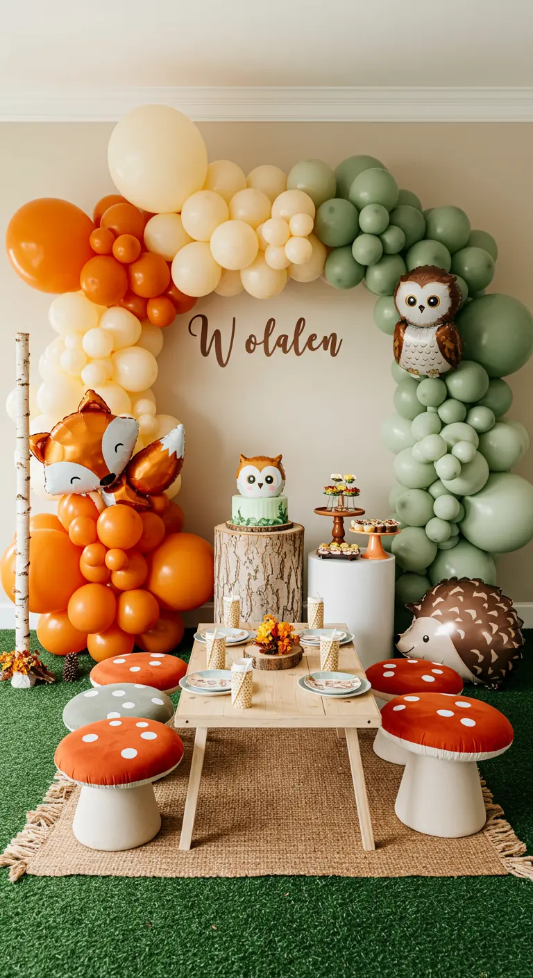 Arche de ballons thème animaux de la forêt avec un renard et un hibou.