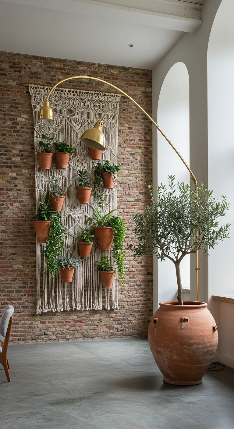 Grand loft avec un olivier dans une jarre en terre cuite, un mur de briques et une lampe dorée.