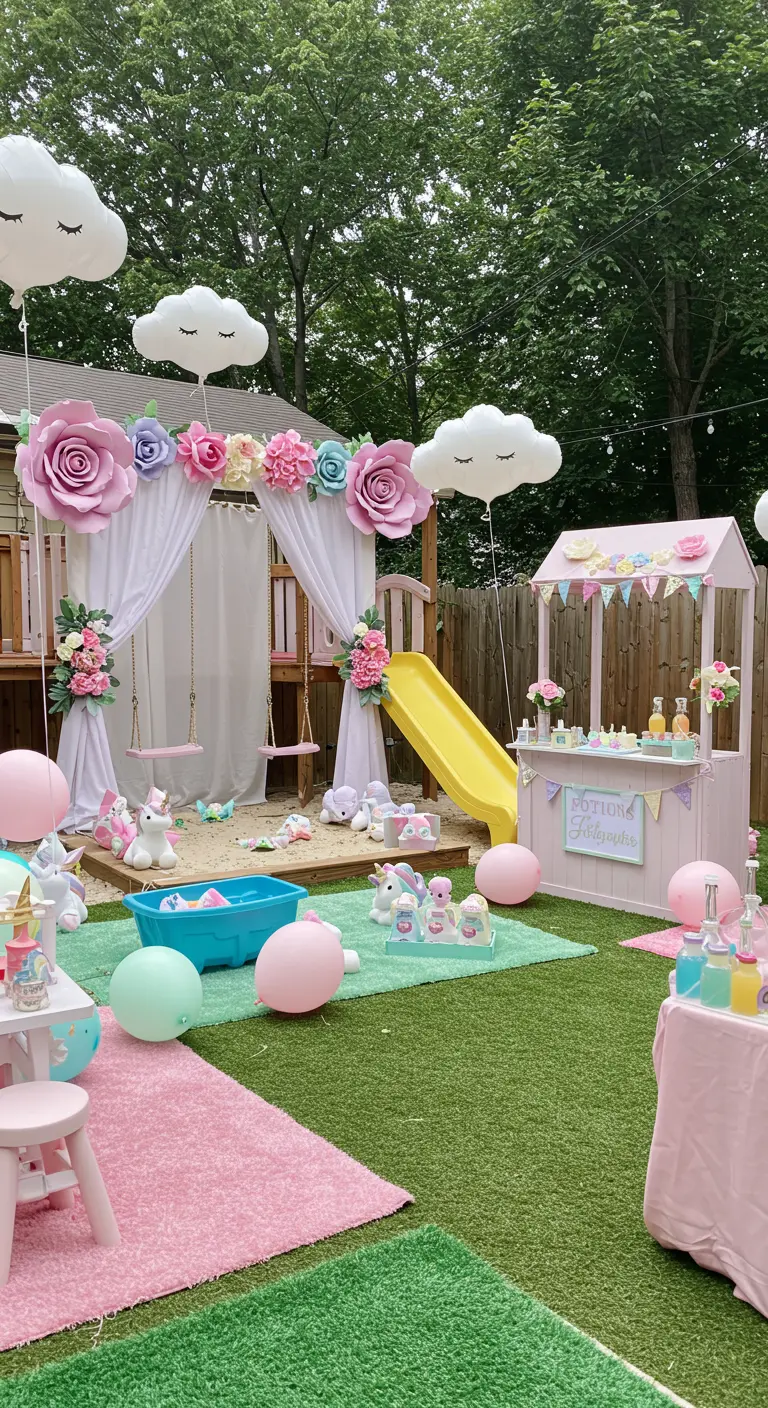 Aire de jeux extérieure décorée de grandes fleurs en papier, ballons nuages et un stand de potions.