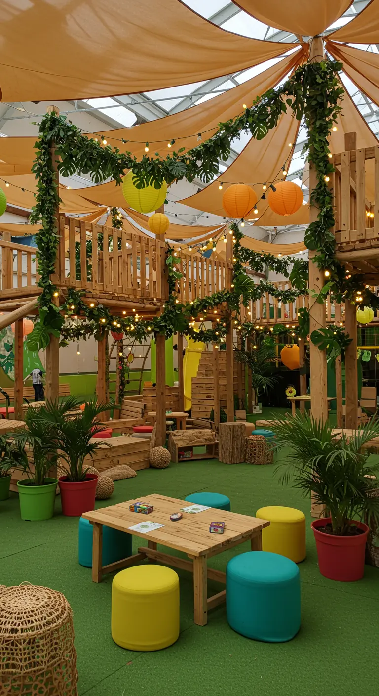 Aire de jeux intérieure en bois avec des structures, des guirlandes lumineuses, des lanternes colorées, des plantes en pots et des poufs colorés.