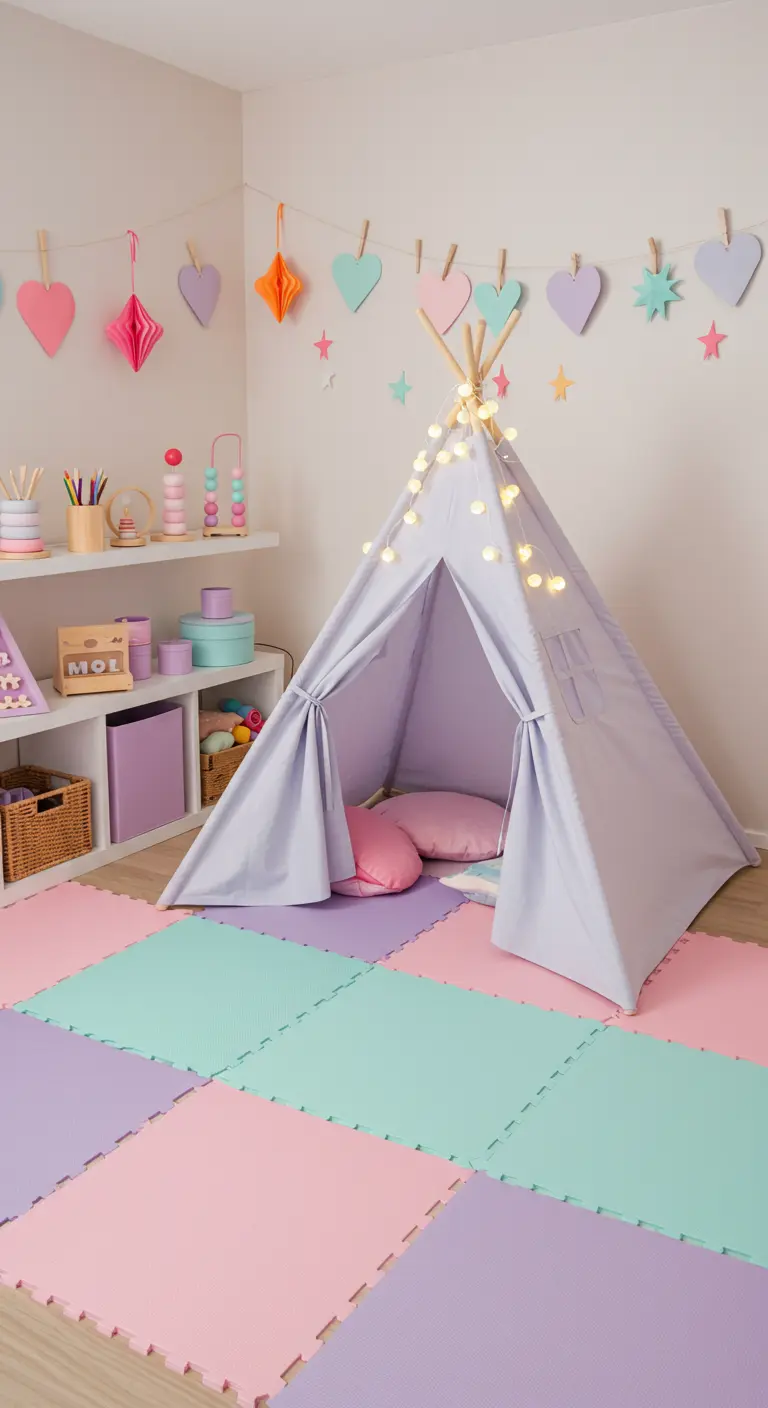 Chambre d'enfant avec tapis de jeu pastel, tipi décoré et guirlandes de cœurs.