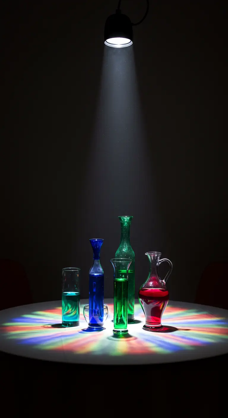 Composition de carafes de liquides colorés illuminée par un spot, créant un arc-en-ciel sur la table.