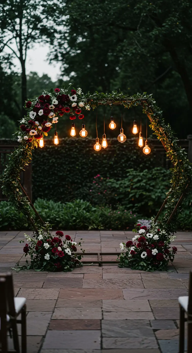 Arche de mariage hexagonale avec des fleurs rouges et des ampoules Edison suspendues.