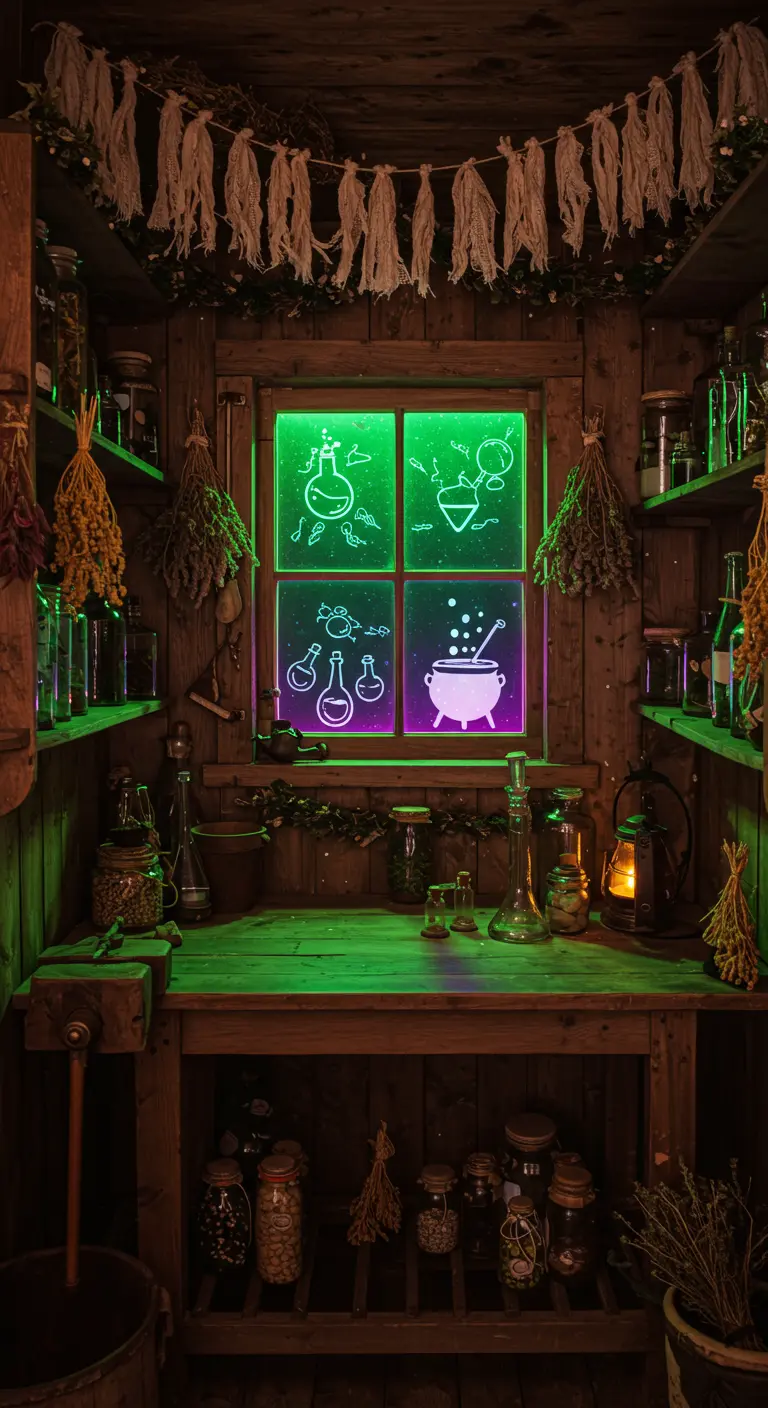 Fenêtre de garde-manger avec néons verts représentant fioles, potions et chaudron.
