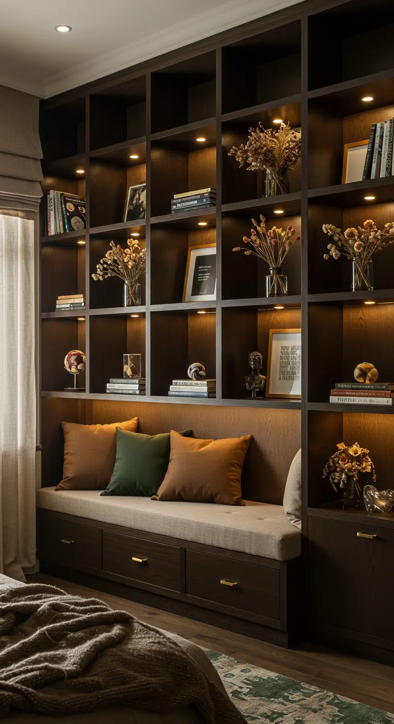 Grande bibliothèque murale en bois foncé avec des étagères éclairées et une banquette intégrée.