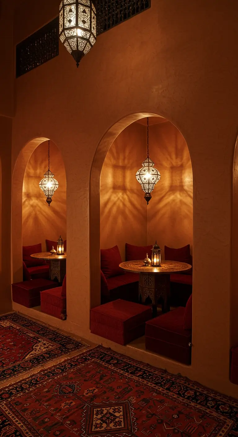 Alcôves marocaines intimes avec banquettes rouges, tables basses et lanternes ajourées.