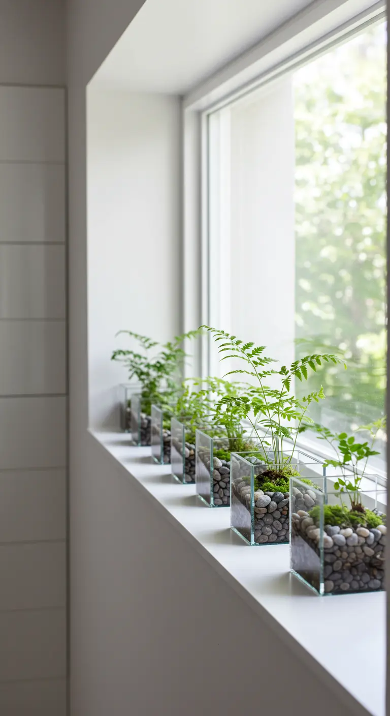 Plusieurs mini-terrariums carrés alignés sur un rebord de fenêtre, avec fougères et galets.