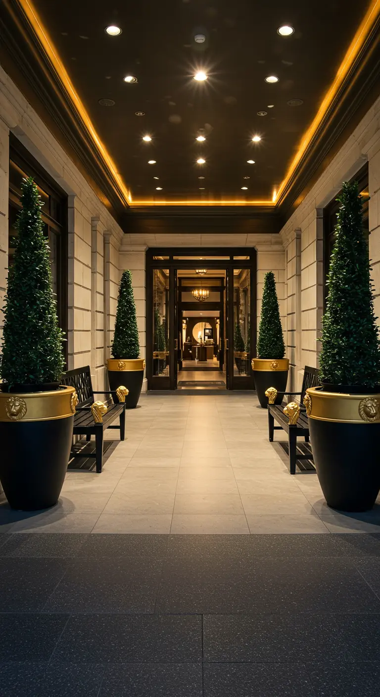 Allée d'entrée avec grands pots noirs et or, arbres en colonnes et bancs noirs.