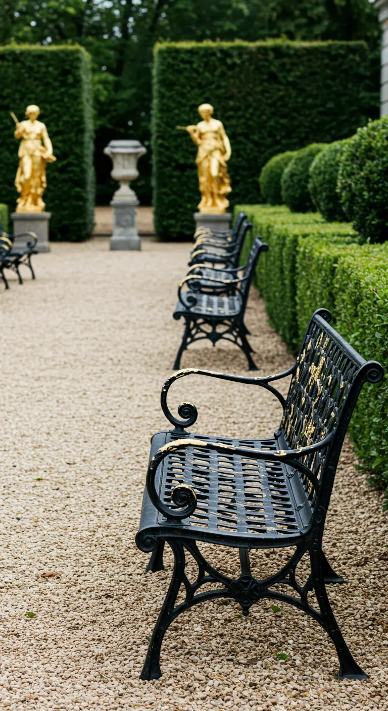 Allée de jardin avec bancs en fer forgé noir et or, haies taillées et statues dorées.