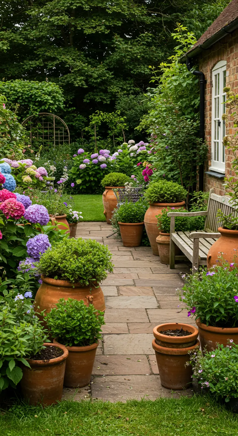 Allée de jardin bordée de grands pots en terre cuite avec des buissons et des hortensias