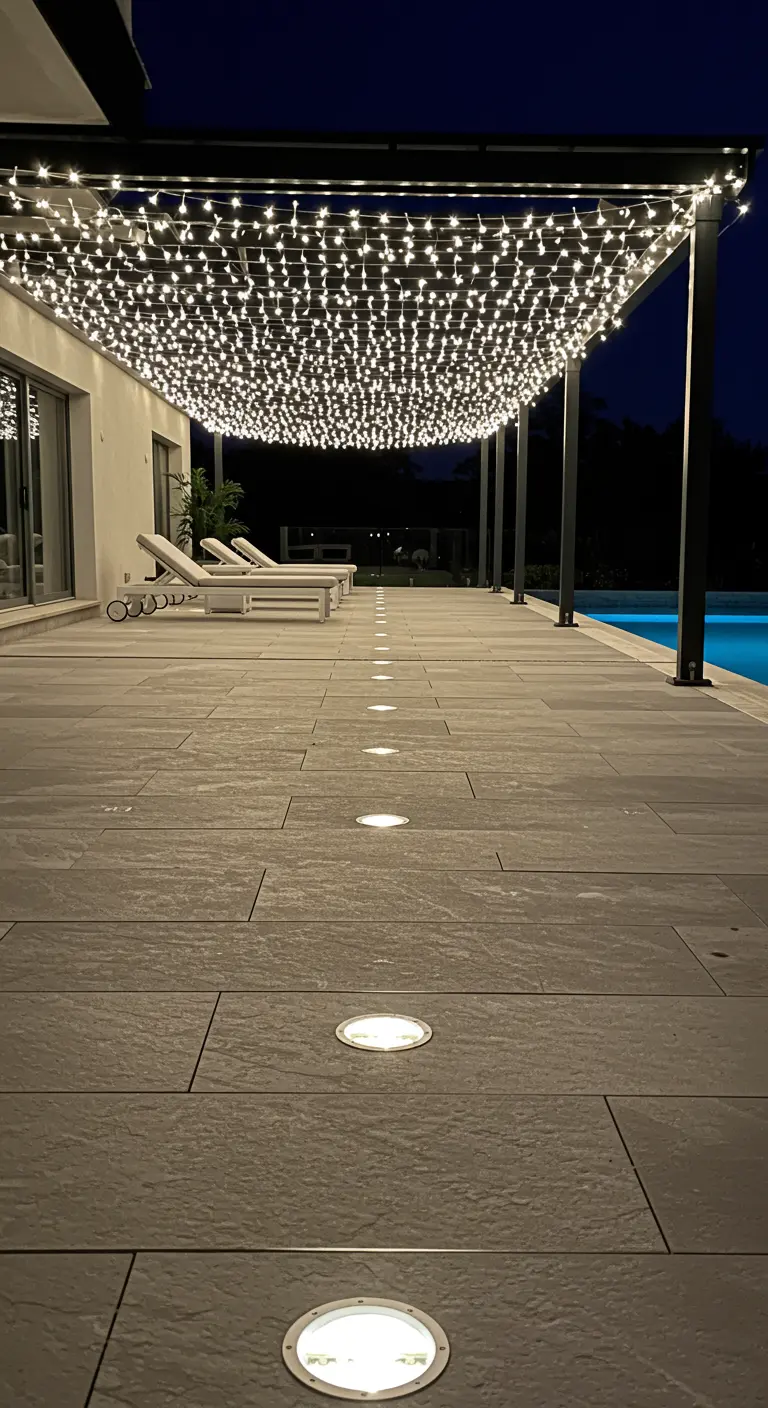 Allée en dalles menant à une piscine, éclairée par des spots encastrés et un plafond de guirlandes lumineuses.