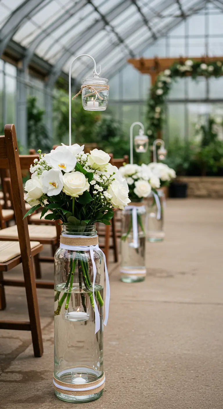 Allée de mariage dans une serre avec de grands bocaux fleuris et des bougies suspendues.