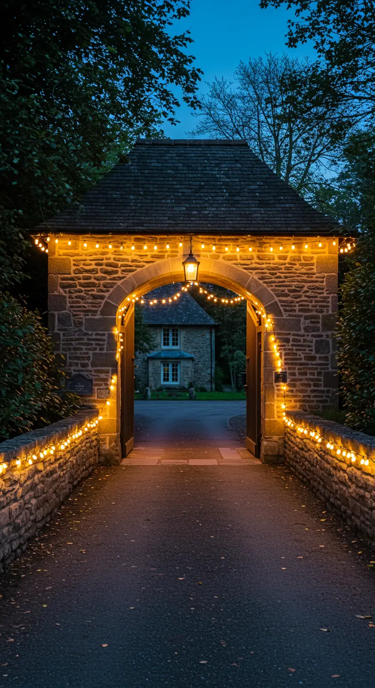 Allée de toit-terrasse avec jardinières et bancs intégrés, éclairée par des bandes LED au sol.