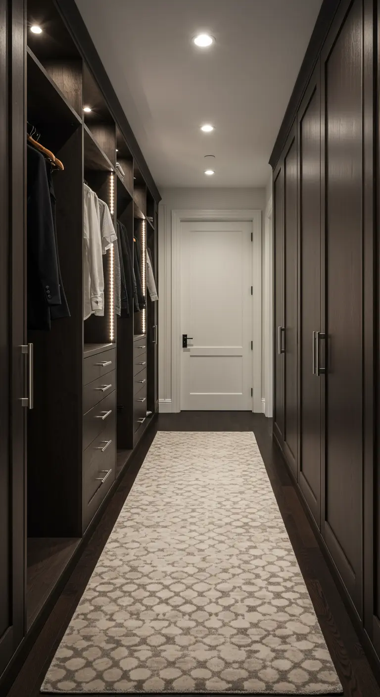 Dressing couloir en bois foncé avec éclairage intégré et tapis à motifs.