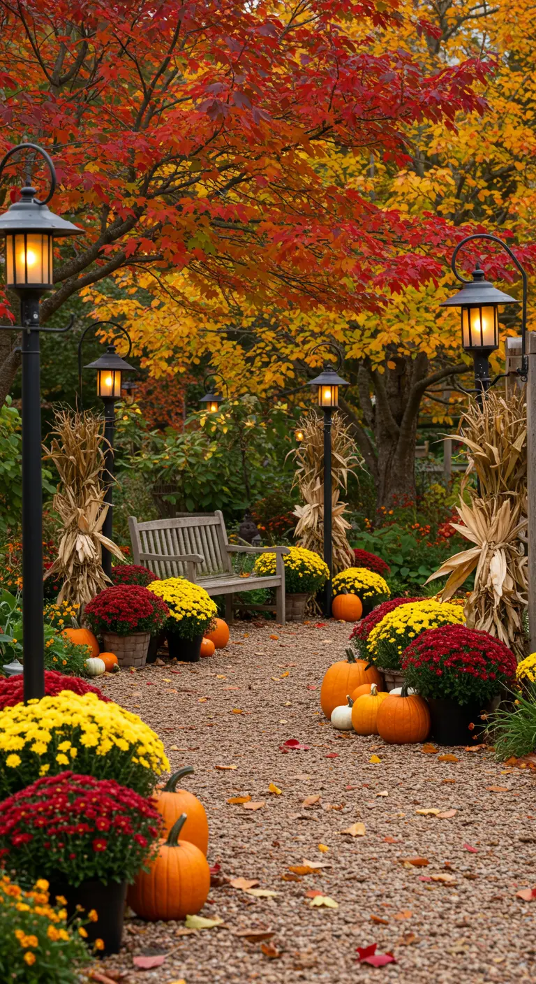 Allée de jardin automnale bordée de chrysanthèmes, citrouilles et lampadaires sous des arbres aux couleurs vives.