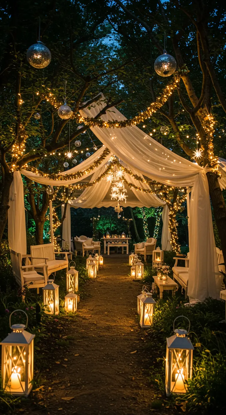 Allée de jardin illuminée par des lanternes, guirlandes lumineuses et voilages blancs suspendus.