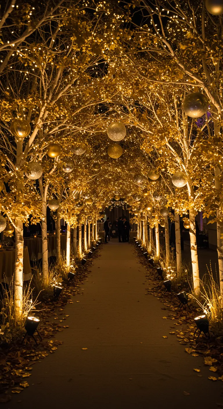 Allée extérieure bordée d'arbres nus illuminés par des guirlandes, avec boules de Noël suspendues et spots au sol.