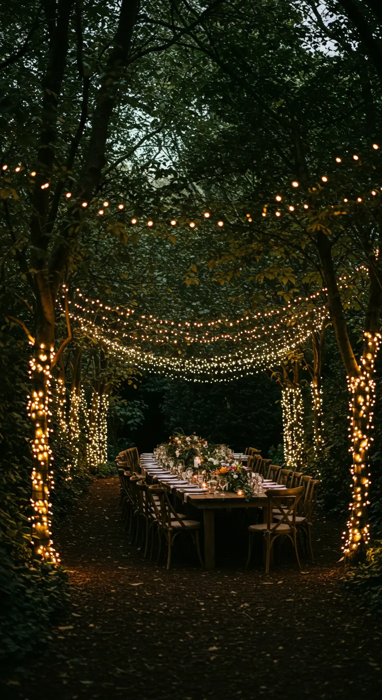 Allée forestière illuminée par des milliers de guirlandes lumineuses autour d'une longue table.