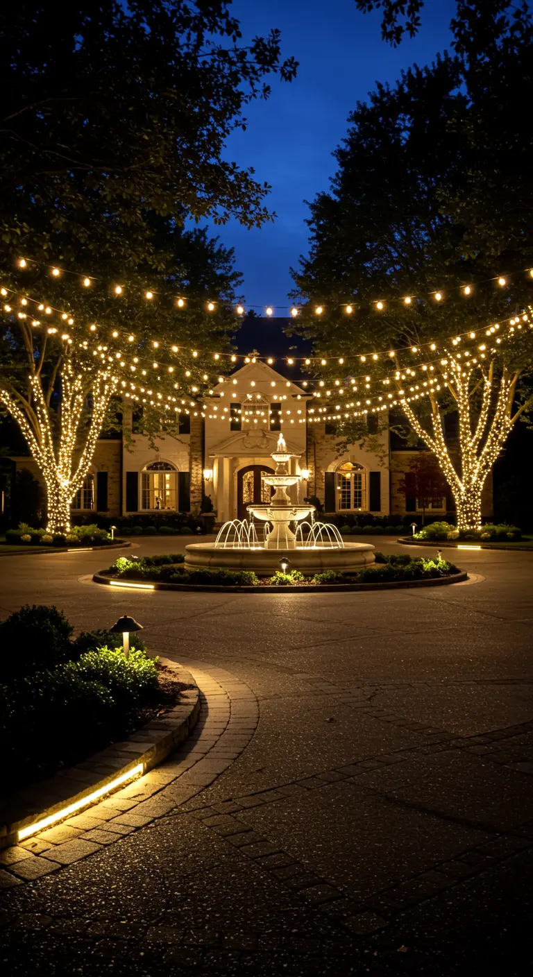 Grande allée pavée menant à une maison, bordée d'arbres illuminés, avec une fontaine centrale éclairée.