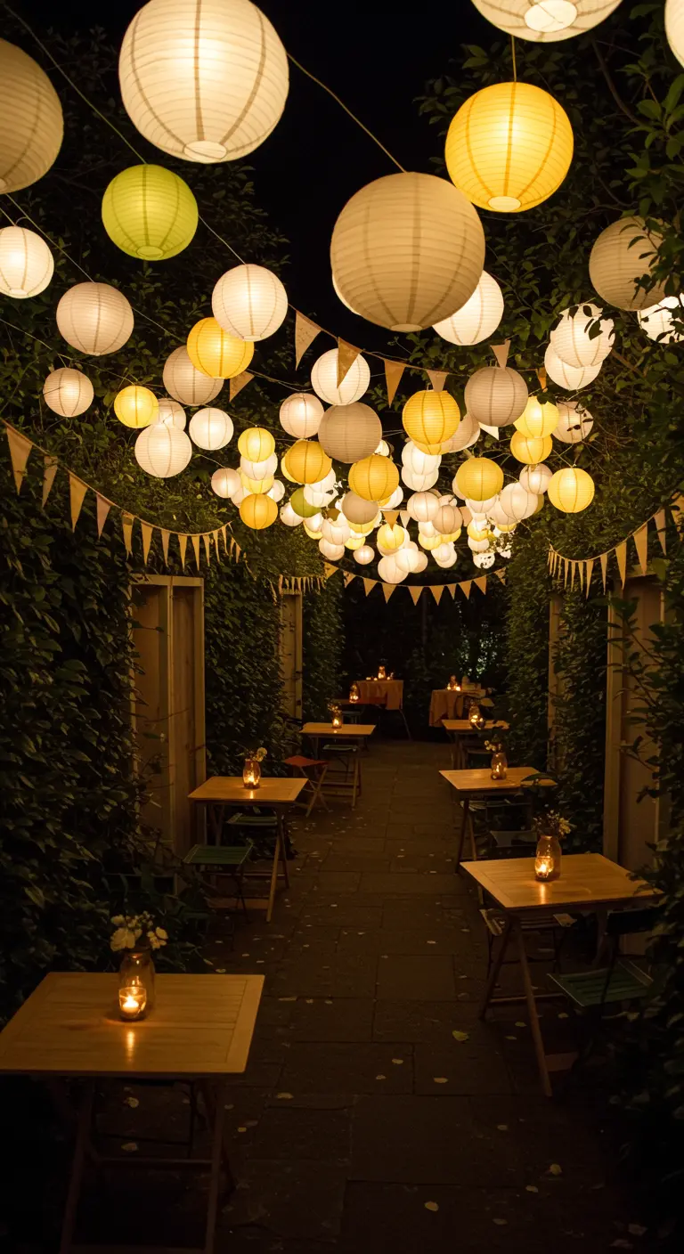 Allée de jardin végétalisée transformée en tunnel lumineux avec des lampions blancs et jaunes, et petites tables.