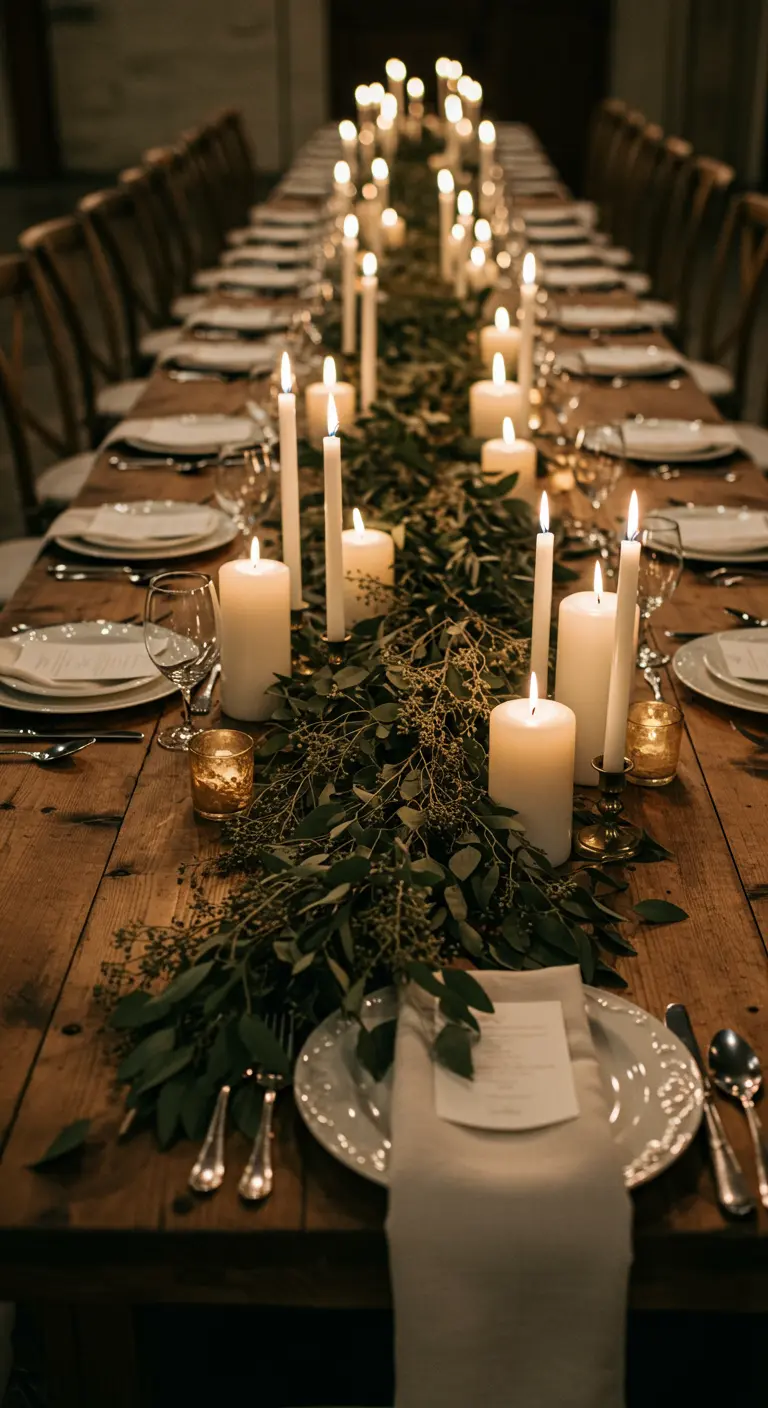 Très longue table en bois avec guirlande verte, multitudes de bougies blanches et votives dorées.