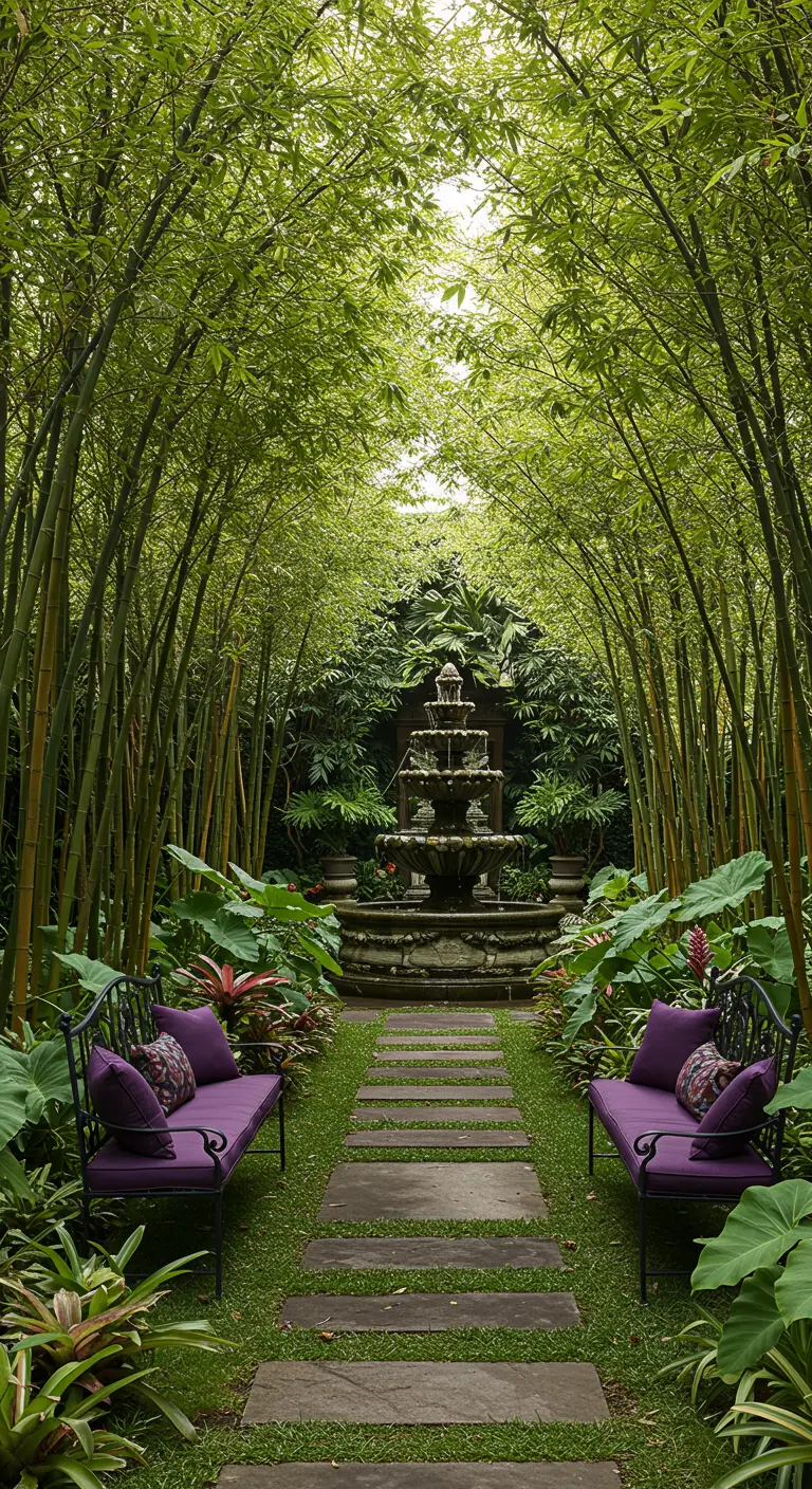 Allée de jardin tropicale bordée de bambou, menant à une grande fontaine et des bancs violets.