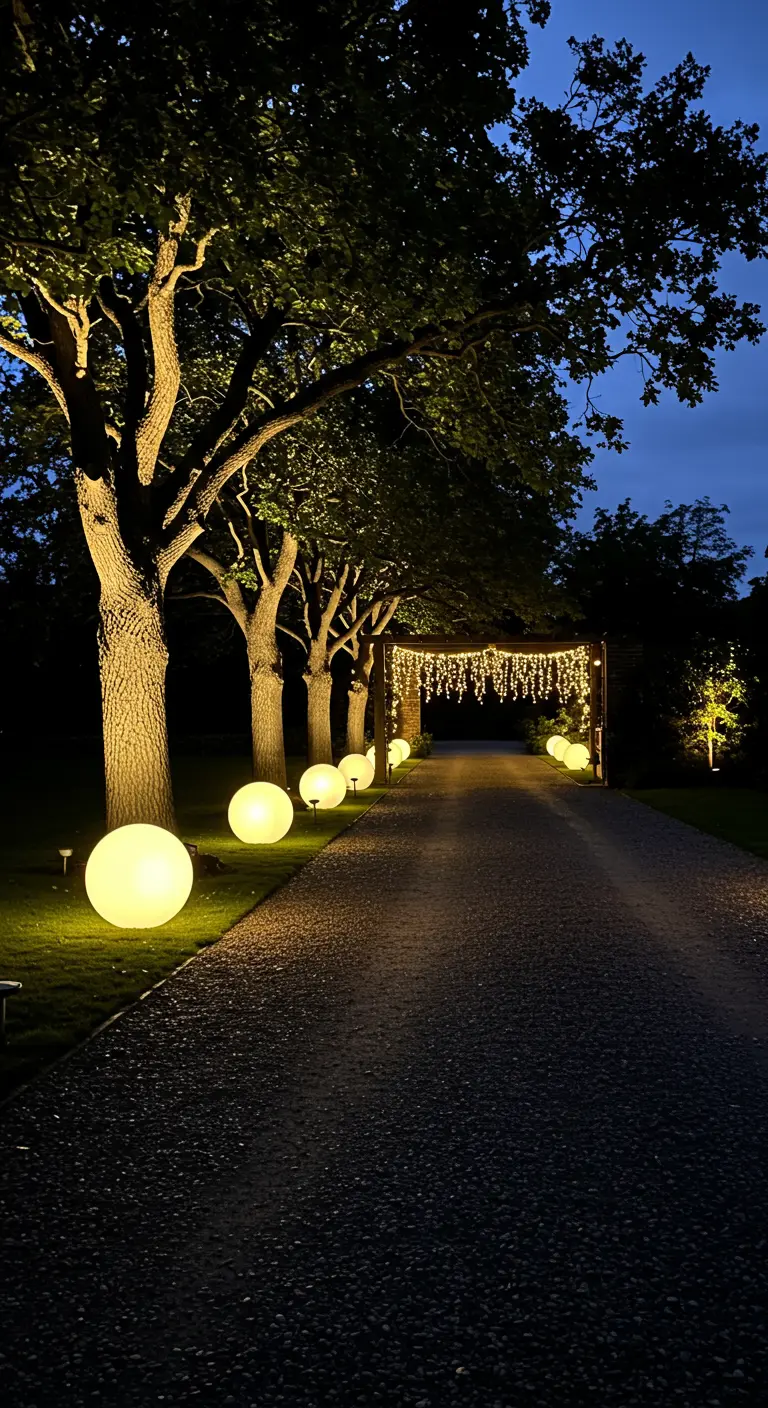 Longue allée bordée de grands globes lumineux et d'un rideau de guirlandes à l'entrée d'un porche.
