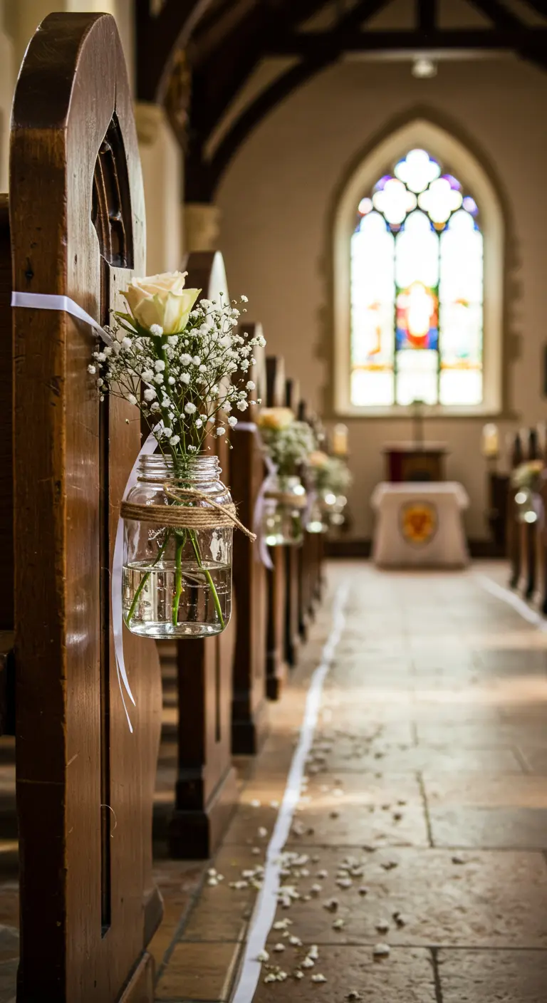 Allée d'église décorée avec des bocaux suspendus contenant roses blanches et gypsophile.