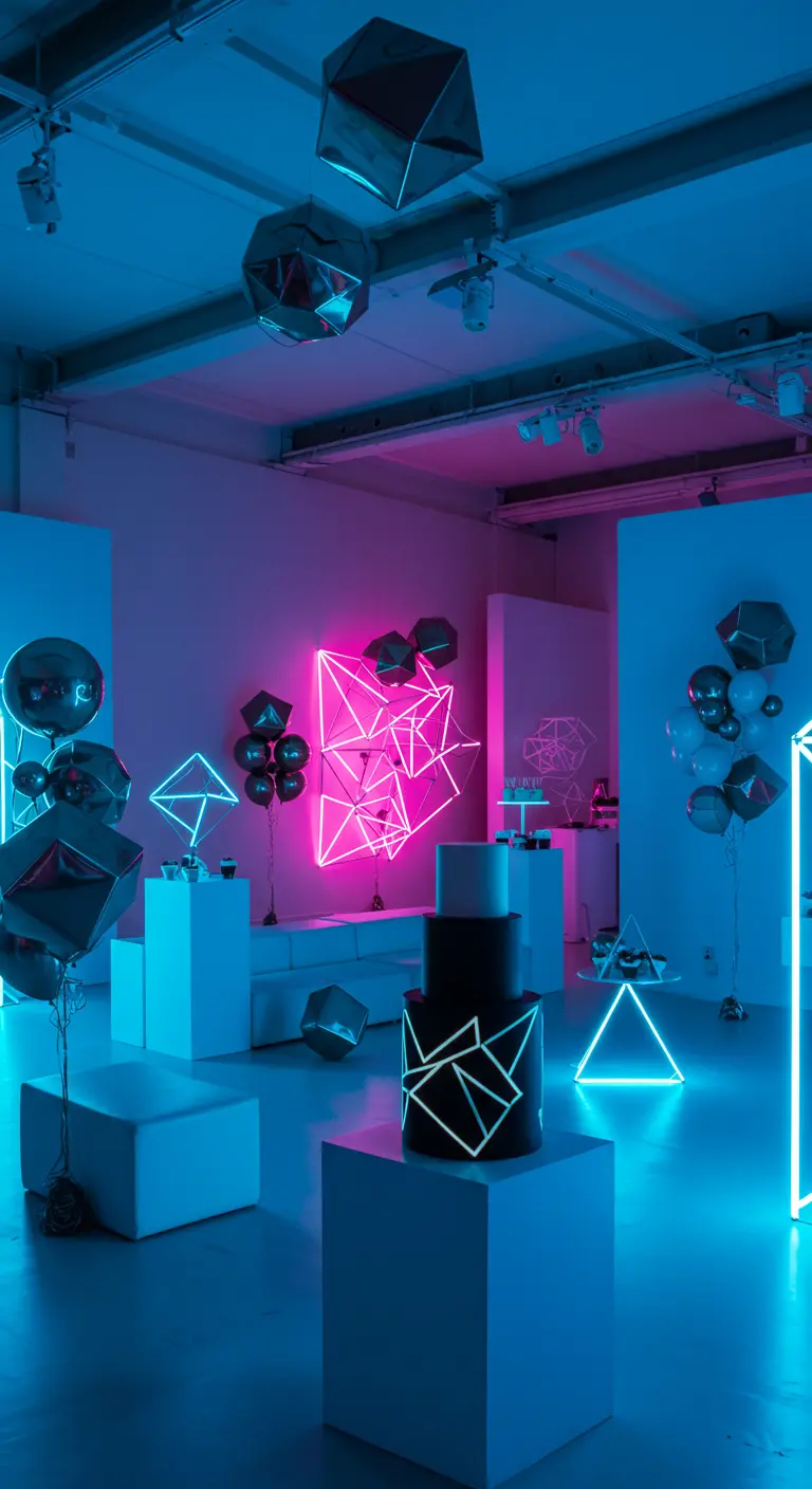 Salle de fête tropicale avec palmiers, néons 