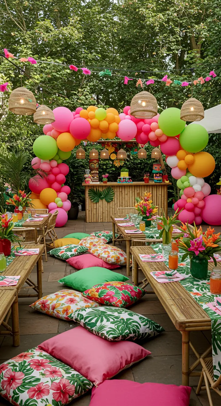 Décoration d'anniversaire tropicale avec arche de ballons colorés et bar en bambou.