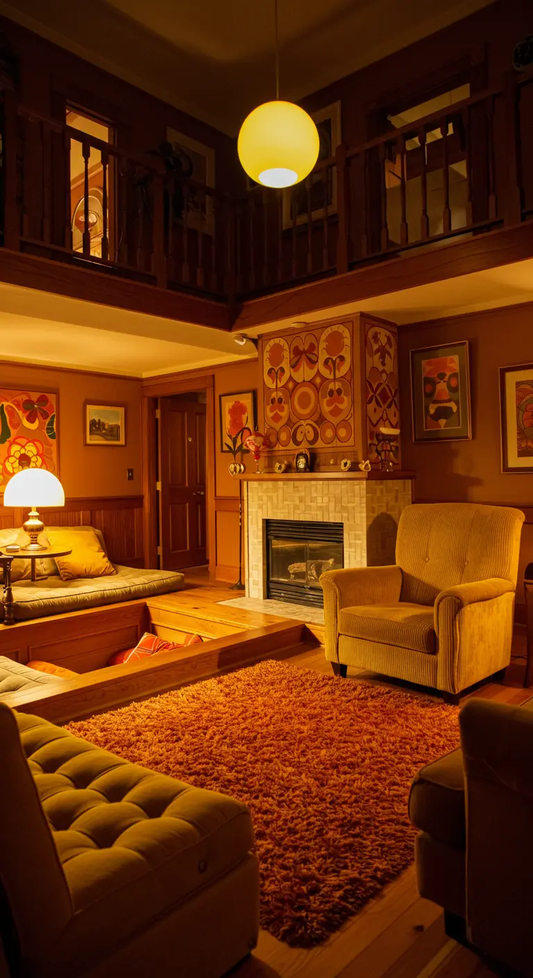 Salon rétro années 70 avec fauteuil en velours côtelé et tapis orange.