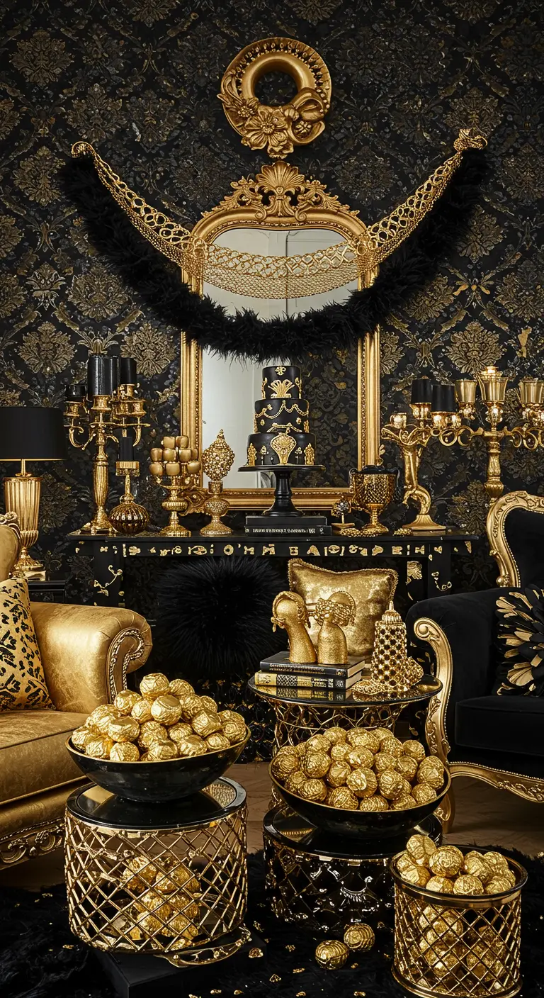 Décoration de fête de style baroque très chargée en noir et or.